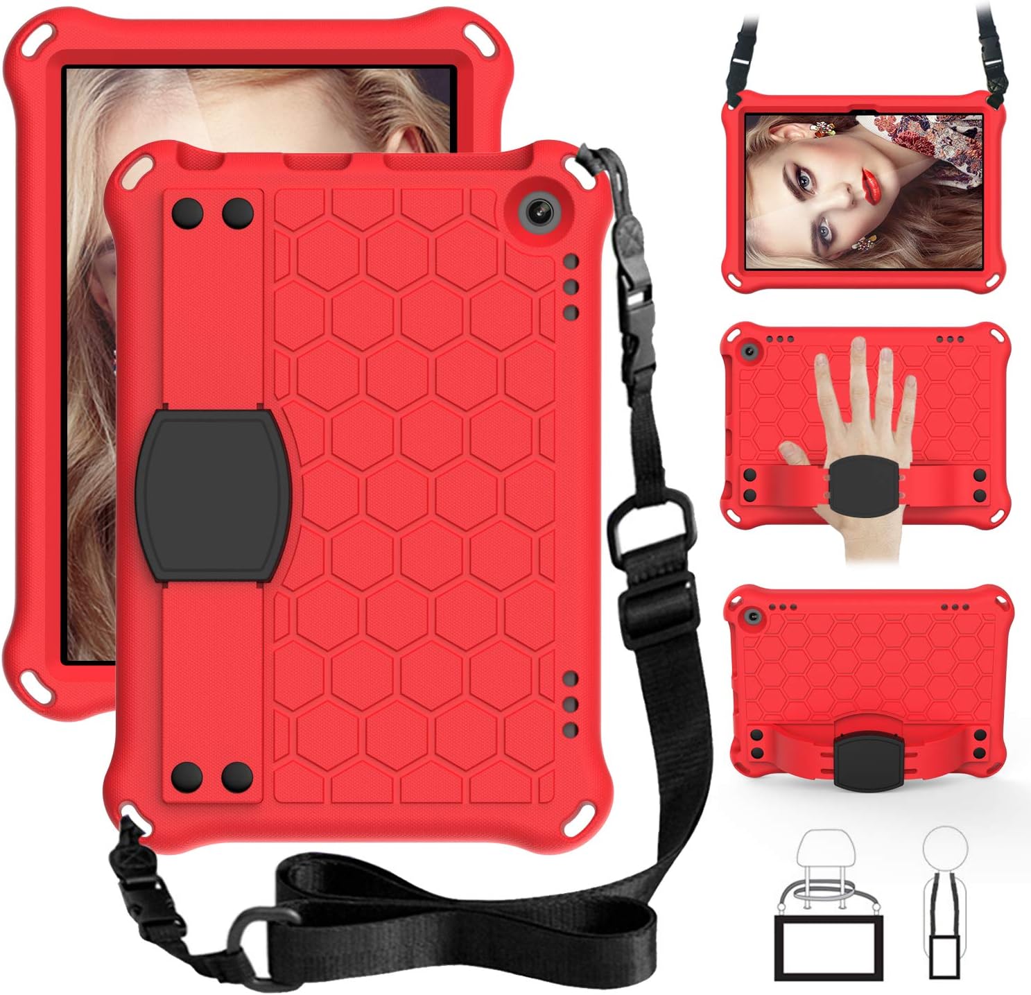 Bumper Case for Fire HD 8"/Plus 10th Gen (2020 Only), Techcircle Shockproof Hand Belt Stand Cover Kids EVA Foam Honeycomb Protective Case with Shoulder Strap Handle Light Cover, Rose