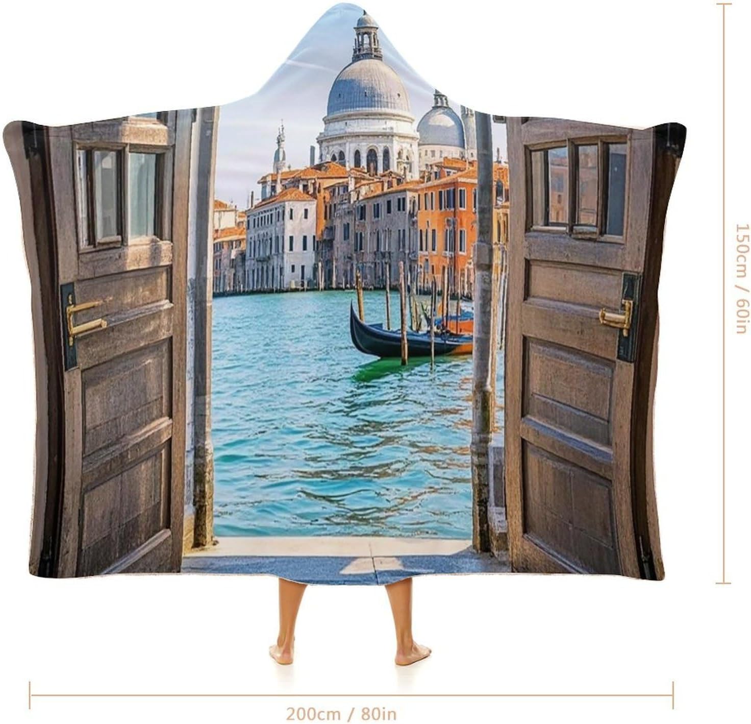 Italian Water City Wearable Hooded Blanket, Ultra Soft Arctic Velvet Cape Cloak Unisex - Cozy Wearable Blanket