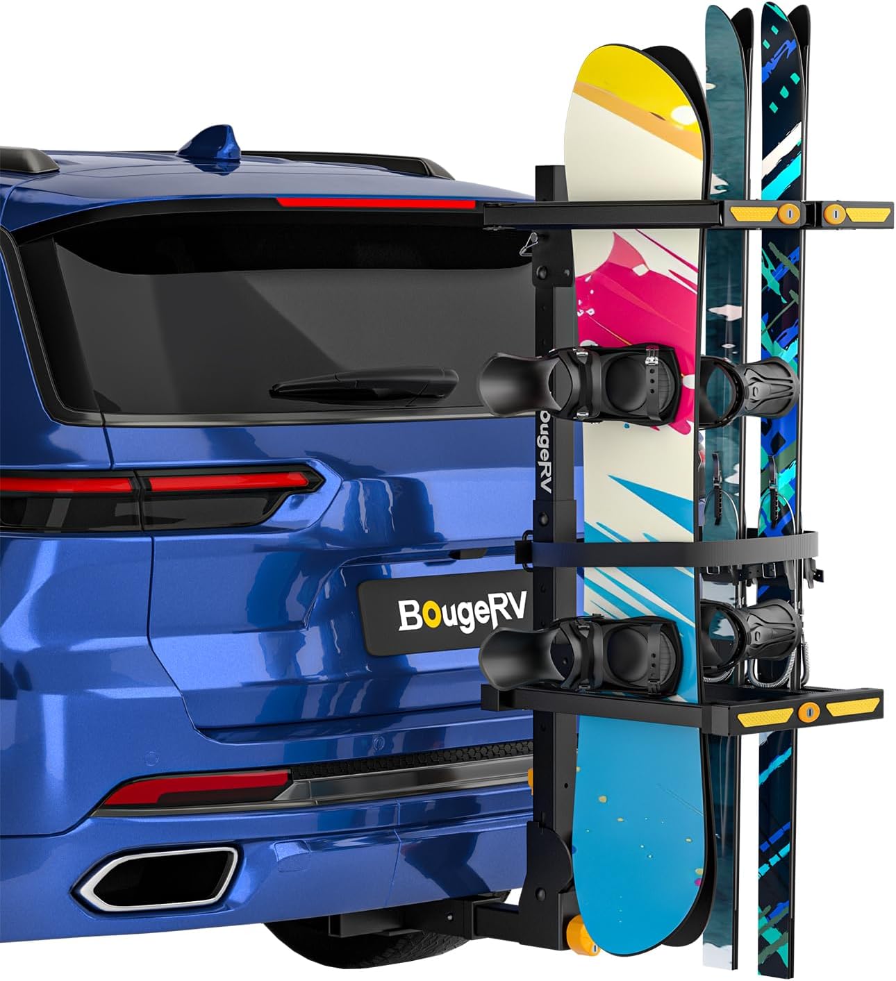 BougeRV 2025 Hitch Ski Snowboard Rack with Security Lock, Folding and Tilting for Trunk Access Fits 2" Receiver, Max Load 6 Pairs of skis or 4 Snowboards (Includes 4 Webbing Buckles)