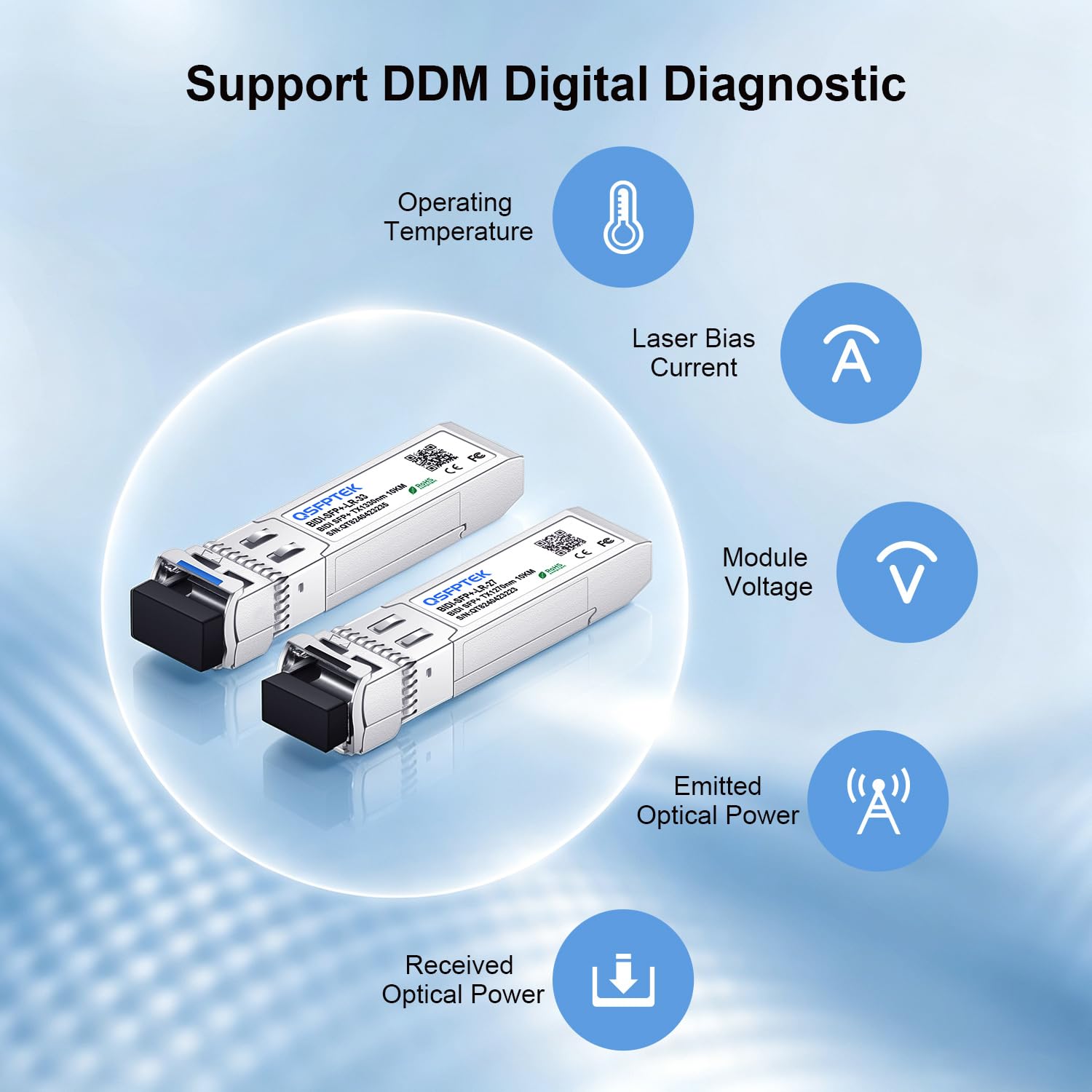 QSFPTEK 10G SFP+ Bidi Transceivers LC Single-Mode Module for Cisco SFP-10G-BXD-I (1330nm-TX/1270nm-RX) / SFP-10G-BXU-I (1270nm-TX/1330nm-RX),10KM, with DDM - 1 Pair