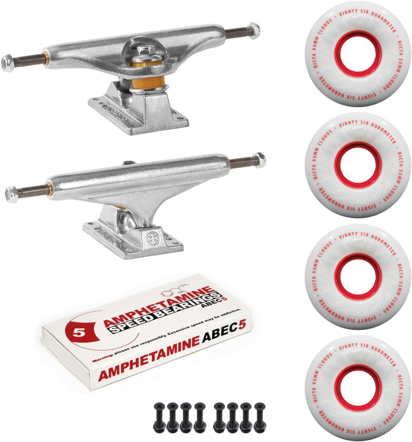 Independent Skateboard Trucks Package with Stage 11 Trucks, Ricta Clouds Soft 53mm 86A Wheels, ABEC 5 Bearings and 1" Hardware