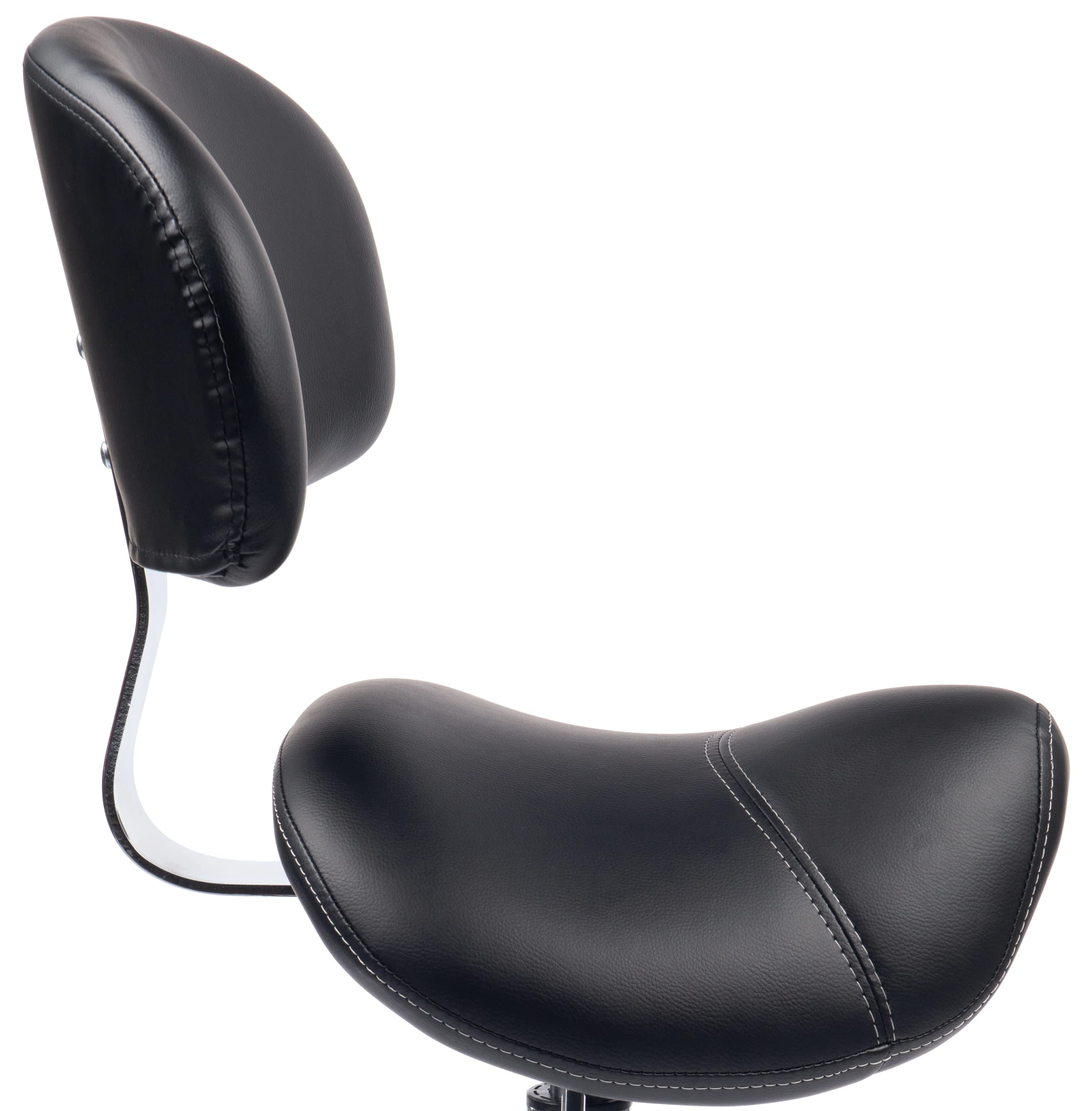 Sattelhocker MULY BIGBACK Sattelstuhl mit Lehne - Sitzhöhe bis ca. 74cm - ergonomischer Rollhocker Arzthocker Arbeitshocker Praxishocker Drehhocker (Lederimitat schwarz)