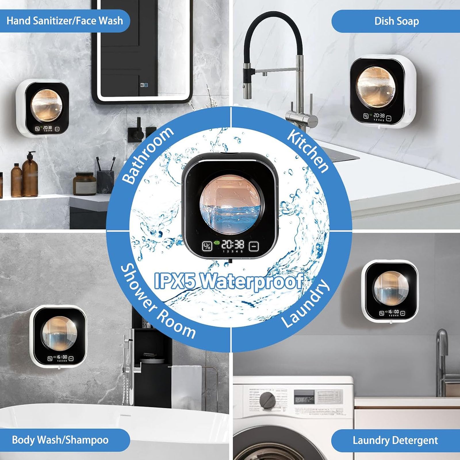 Dispensador automático de jabón sin contacto de 320 ml, 1500 mAh con pantalla LCD, 5 ajustes de velocidad, recargable por USB para baño, cocina, oficina