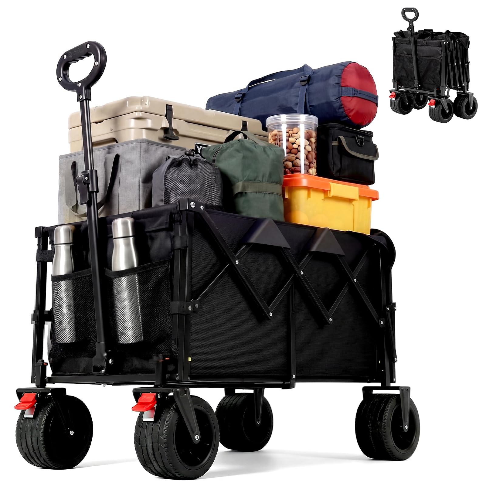 HAUSPROFI Bollerwagen Faltbar 150-200L 200KG Tragkraft, Faltbarer Bollerwagen Geländetauglich mit Bremsen, All-Terrain, Seitentasche und Getränkehalter, für Outdoor, Camping, Garten und Einkaufen