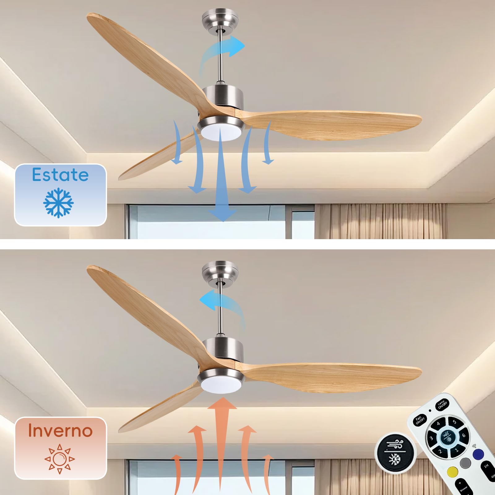 Ovlaim 165 CM di legno solido 3 elica a pale con ventilatore intelligente per soffitti leggero e remoto, 6 motore a corrente continua silenziosa velocità per salotto, camera da letto