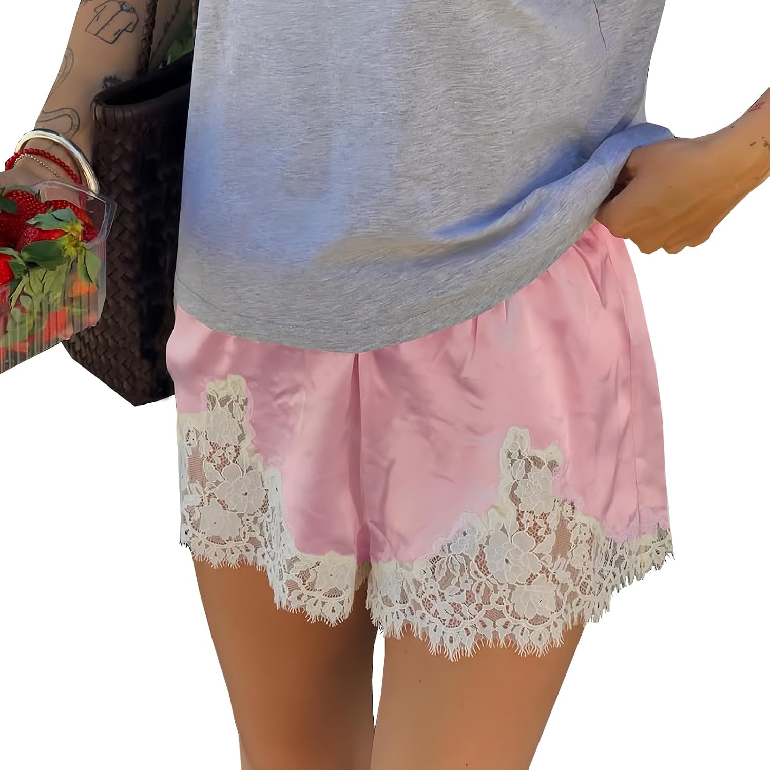 Women's Y2k Lace Trim Satin Pajama Boxer Shorts Elastic Waist Wide Leg Coquette Pj Sleepwear Shorts Slip Bottoms