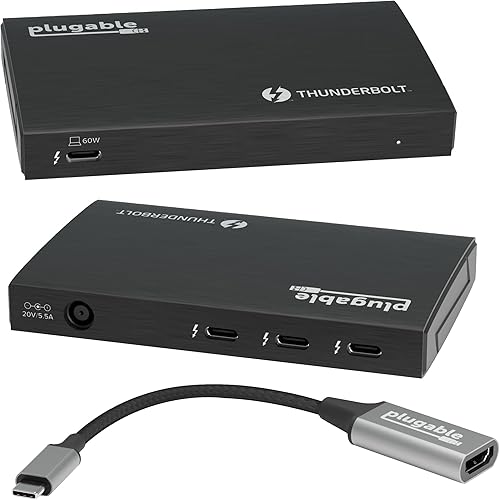 Plugable Concentrador Thunderbolt 4  Carga de laptop de 60W  3 puertos Thunderbolt 4  Pantallas dobles 4Kpantalla única 8K  Compatibilidad con USB4
