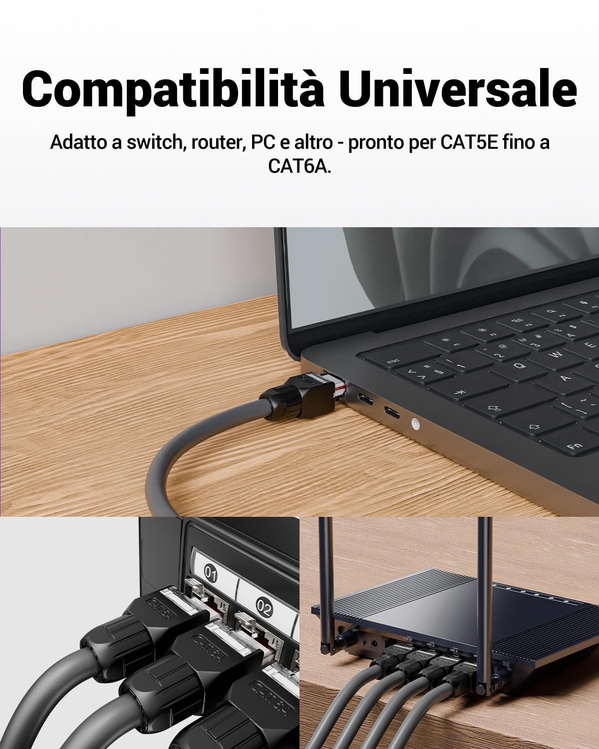 VCELINK Cat6A Connettore RJ45 Senza Attrezzi LSA, 10 Gbps/500 MHz, Compatto Riutilizzabile, Plug RJ45 UTP Placcato in Oro per Cavo di Rete AWG 23-26, Compatibile con PoE, Nero, 6 Pezzi
