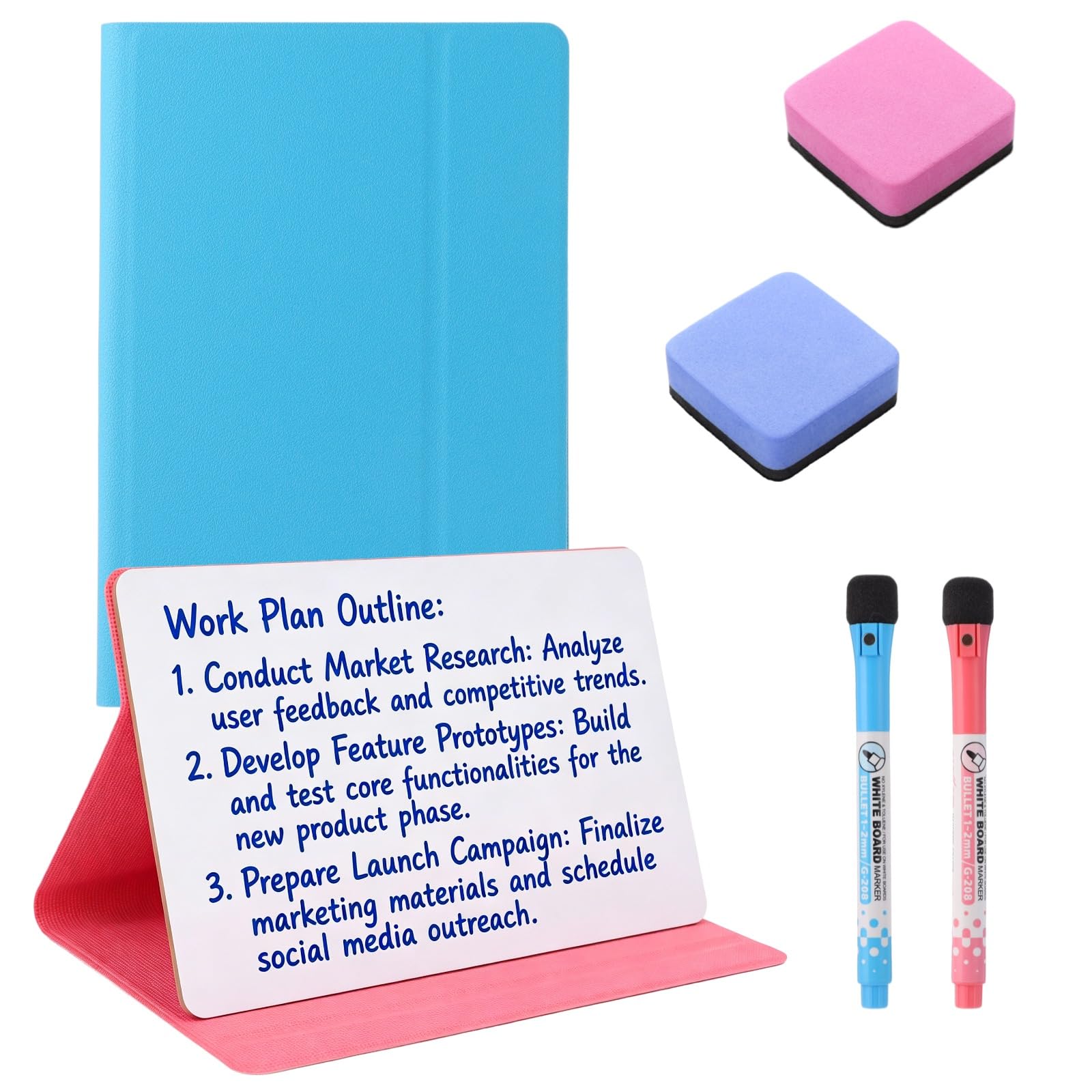 2 Stk. A5 Whiteboards für den Schreibtisch mit Markern und Radierern, 33,97 x 24,08 cm kleines trocken abwischbares Board, faltbares PVC, für Lernen, Meeting, Entwurf, Notizen, Skizzen