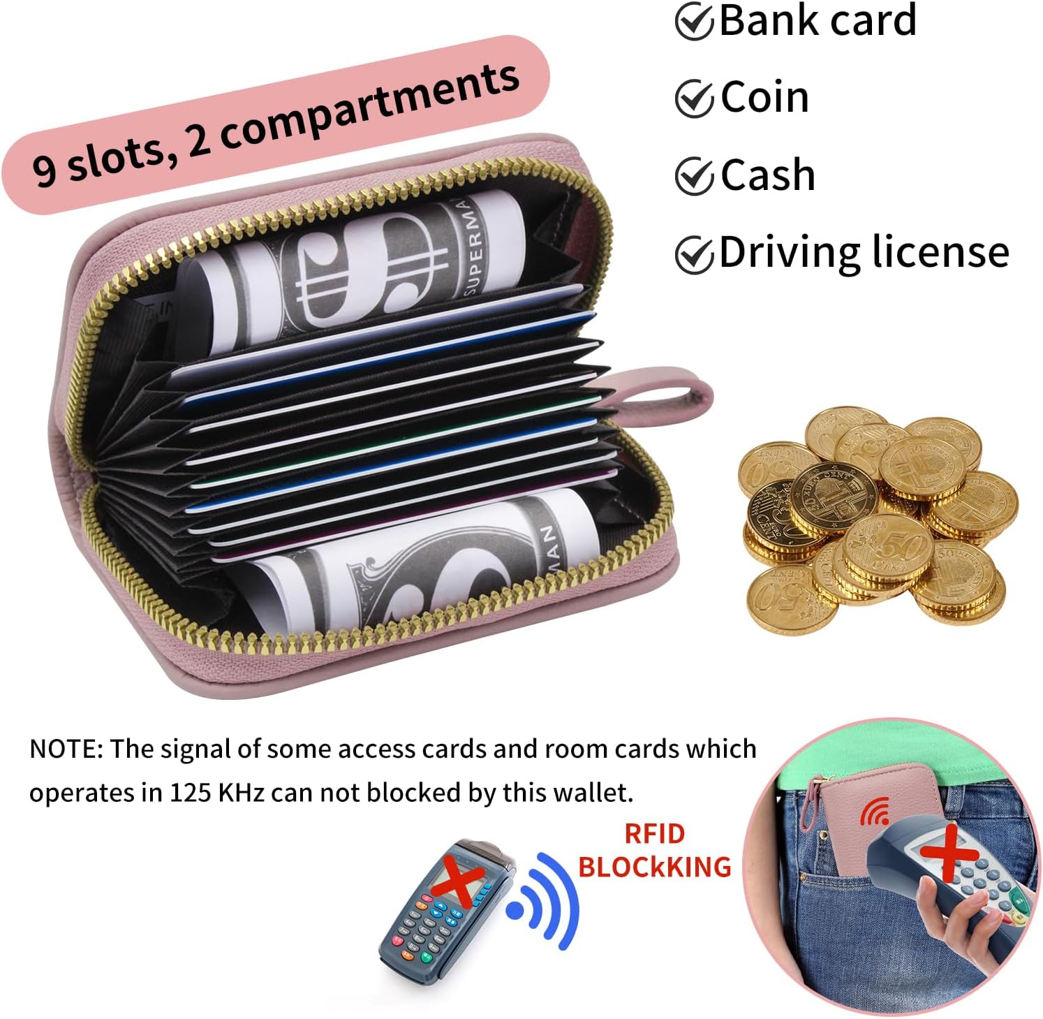 Organ-style Card Wallet, PU Leather Card Holder Wallet RFID Blocking Credit Card Holder for Women with Multi Card Slots, Portable Credit Card Case with Zipper (black)