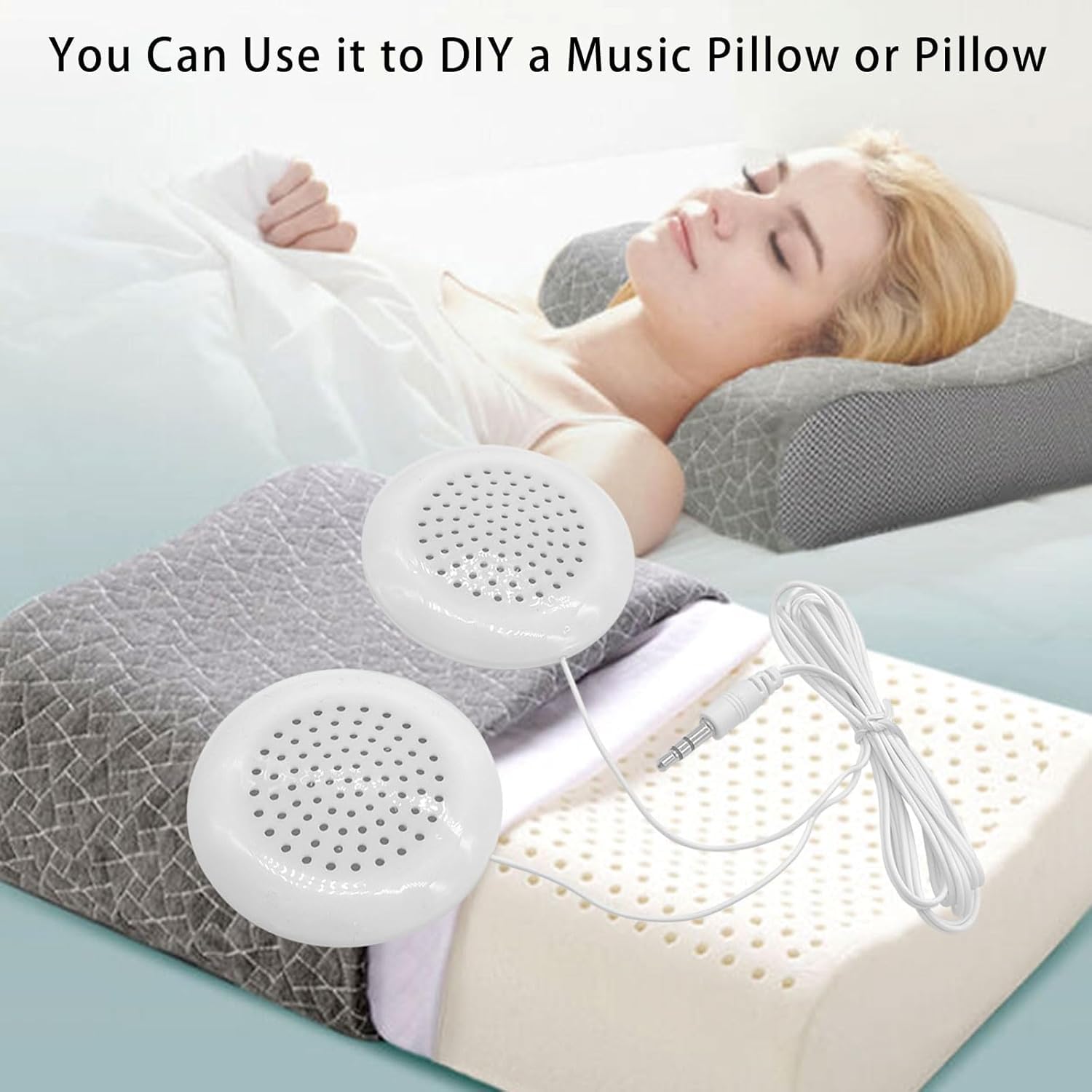 Flylin Altoparlante per Cuscino, Doppio Mini Altoparlante Stereo Migliorato, Bianco Rotondo, Cavo 3.5mm, Compatibile con Telefono, MP3 e CD, per Dormire e Rilassarsi