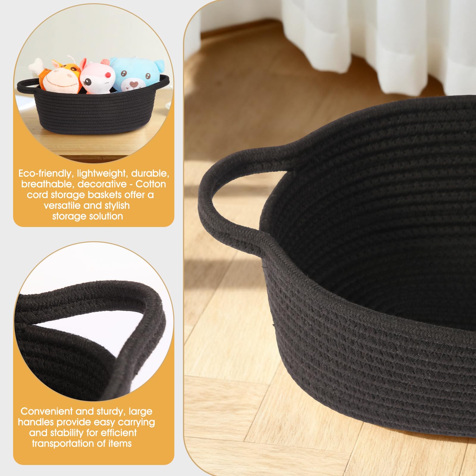 Small Woven Basket with Gift Bags and Ribbons,Cotton Rope Gifts Basket with Handles, Black, Oval Storage Organizer, 12x8x5 inches,Cute baby basket for Toys,nursery