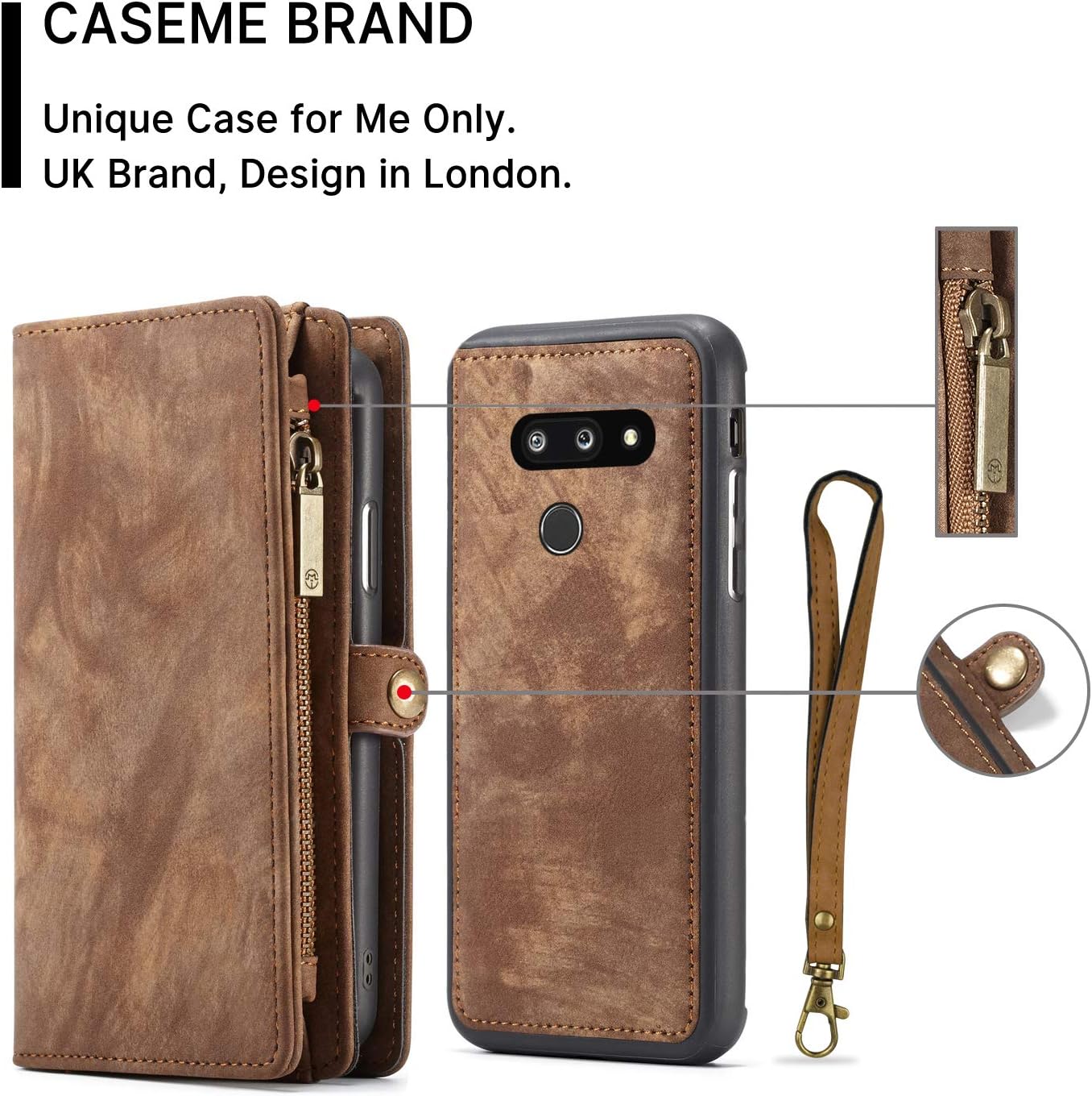 Simicoo LG G8 ThinQ Leather Wallet Zipper Purse Detachable Card Slots Holder Flip Case Magnetic Wrist Strap Handle Shockproof Cover Pocket Wallet Handbag for LG G8 ThinQ (Brown, LG G8 ThinQ)
