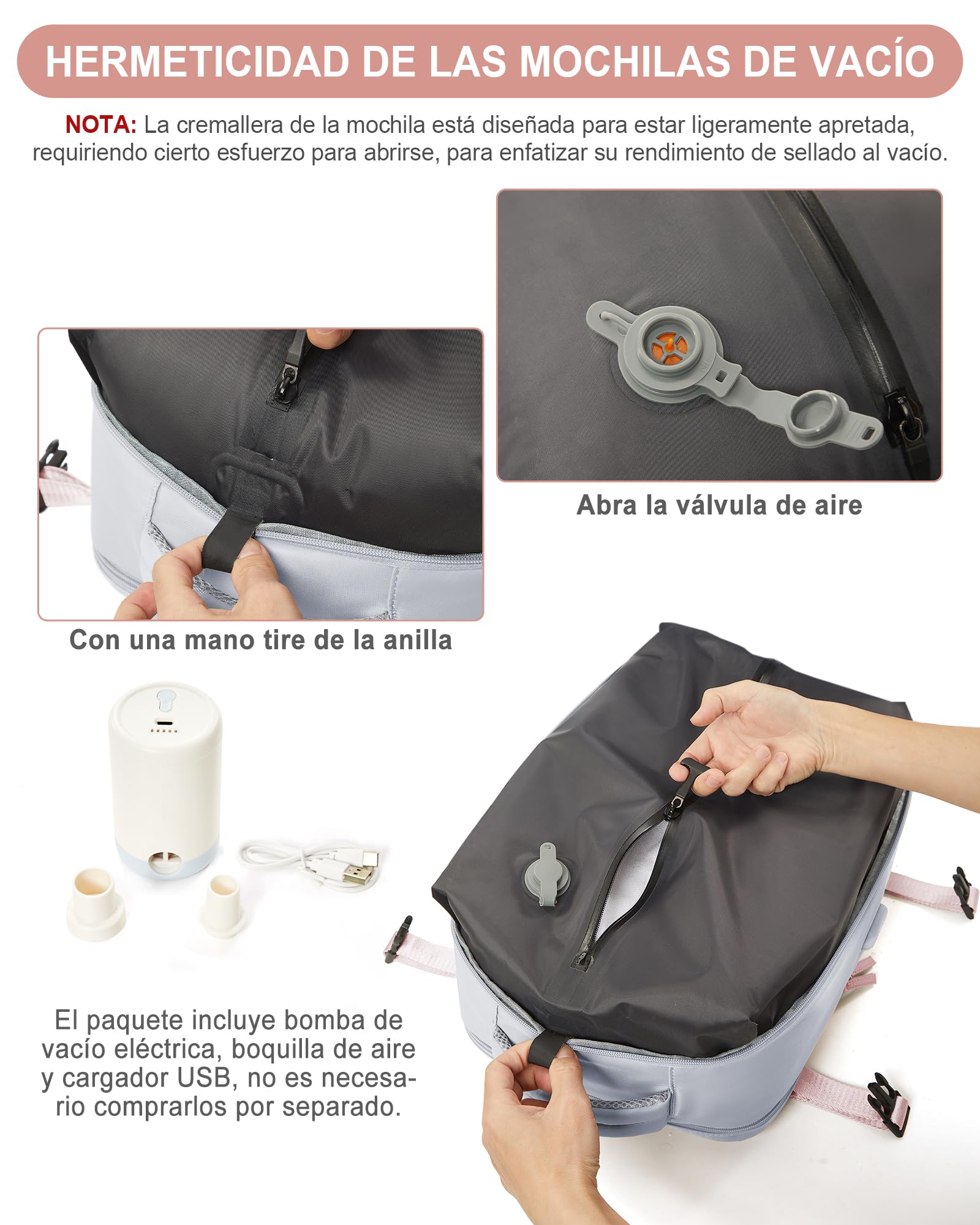 suradar Mochila al Vacío, Mochila Viaje Vacio con Bomba Travel Backpack Bolsa de Cabina Avion 45x36x20 para EasyJet Equipaje de Mano con Sistema Compresion para Hombre y Mujer Gris