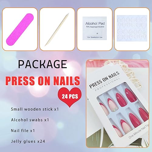 Miniatura 18 de Uñas postizas medianas a presión con lazos 3D, diseño de diamantes de imitación, punta francesa, pegamento brillante en las uñas acrílicas blancas