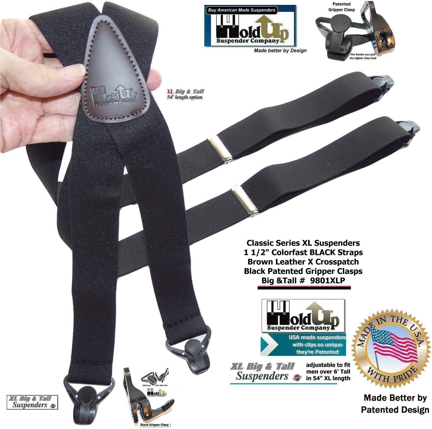 Holdup 1 1/2" wide Classic Series Suspenders for Men with Patented Gripper Clasp