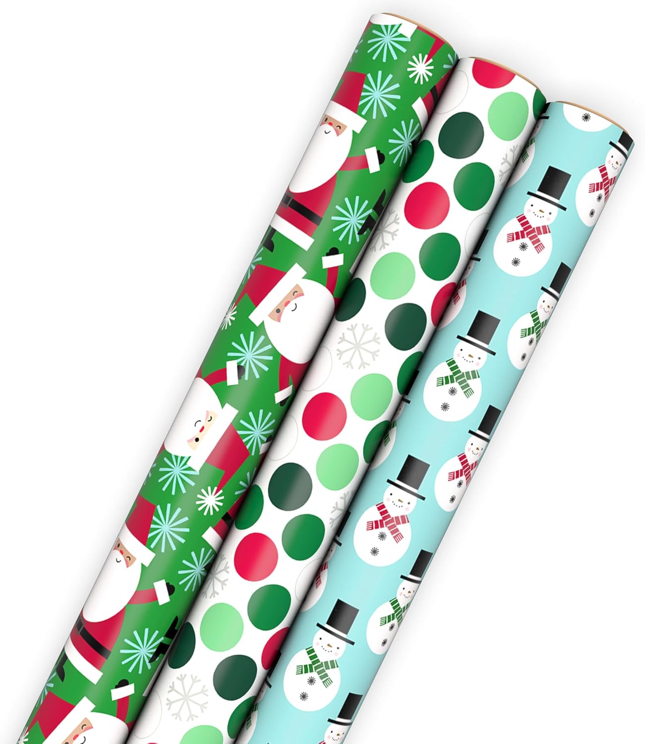 hallmark christmas wrapping paper with cutlines on reverse (3 rolls: 90 sq. ft. total) santa claus, polka dots, snowmen