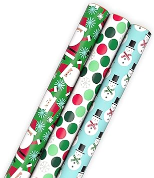 Hallmark Christmas Wrapping Paper with Cutlines on Reverse 3 Rolls 90 Sq. Ft. Total Santa Claus, Polka Dots, Snowmen