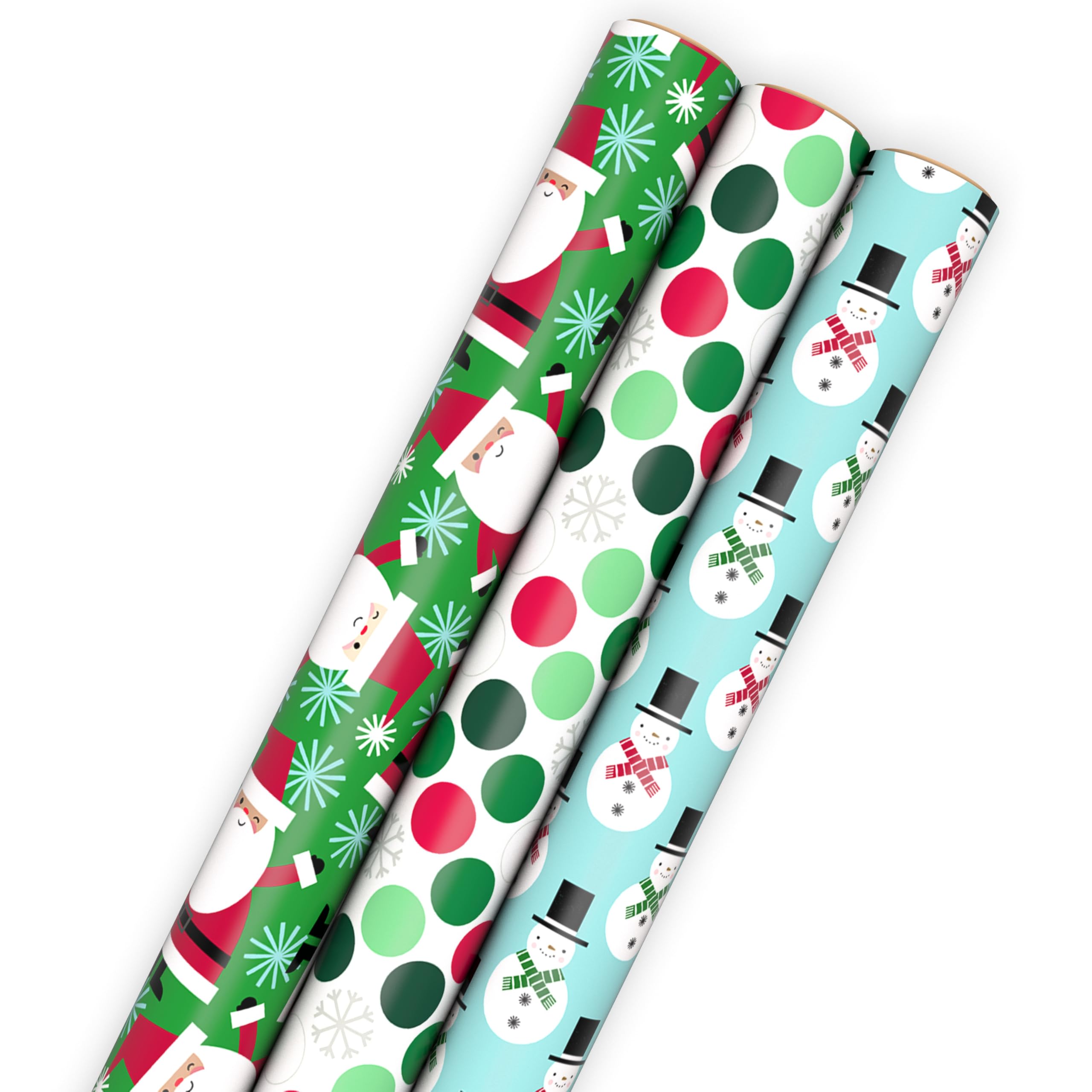 Hallmark Christmas Wrapping Paper with Cutlines on Reverse (3 Rolls: 90 Sq. Ft. Total) Santa Claus, Polka Dots, Snowmen