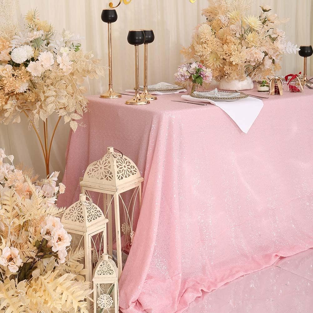 SquarePie Sequin Tablecloth 90 x 132 Inch Pink Sparkly Table Linen for Wedding Party