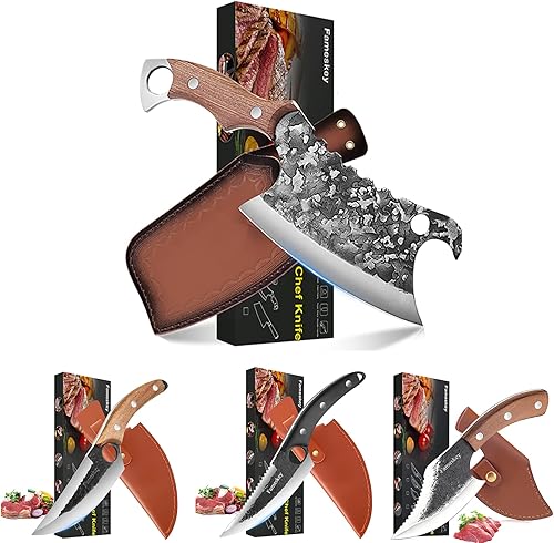 Fameskey Cuchillos vikingos forjados a mano cuchillo de chef japonés con funda de cuero y caja de regalo 4 piezas