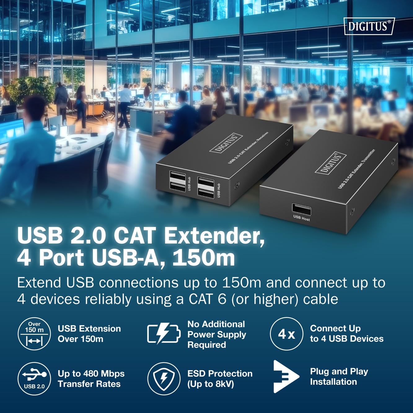 Digitus Extender USB 2.0 su Ethernet – Hub USB-A a 4 Porte – Raggio di 150 m con Cavo di Rete Cat 6 – 480 Mbps – Nero