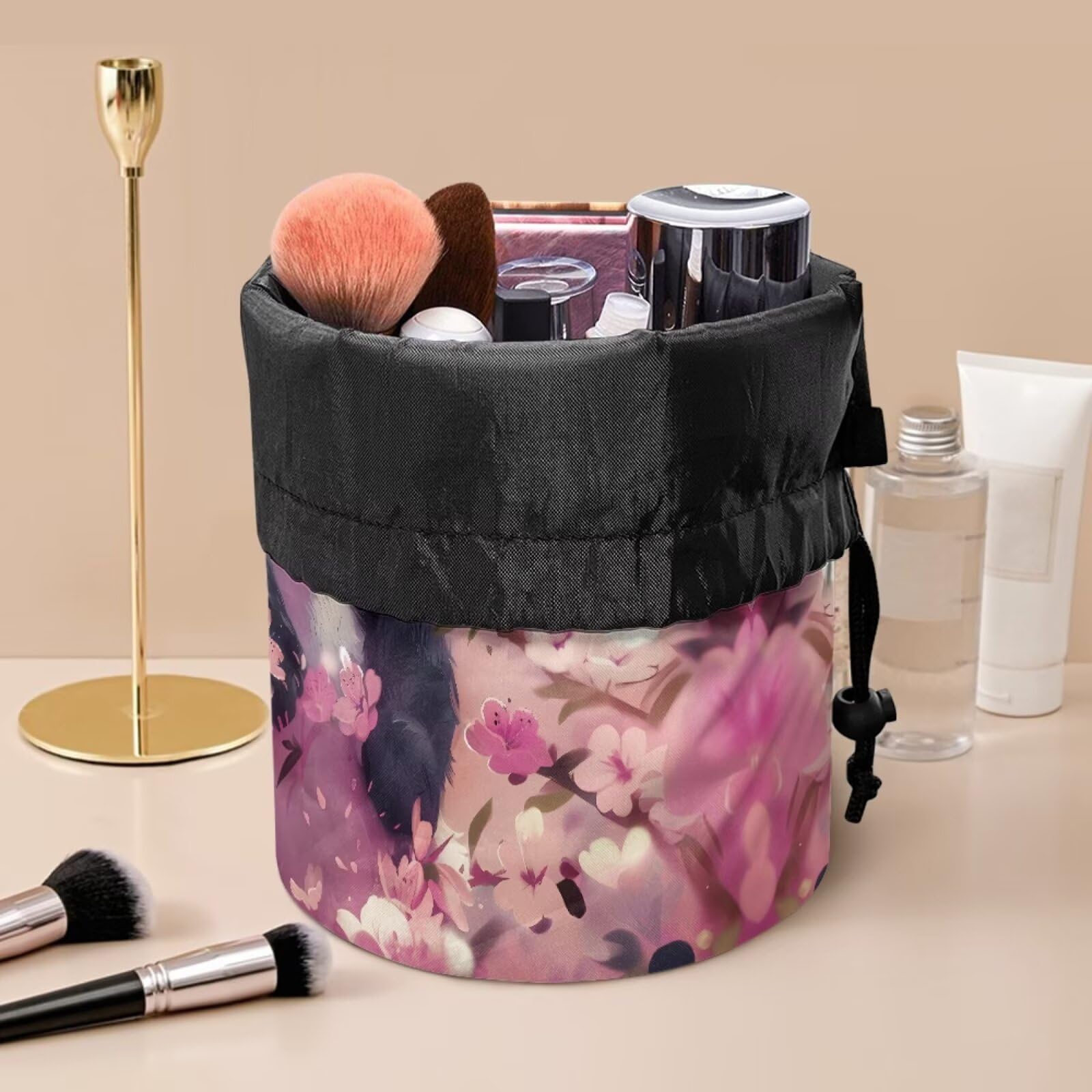 chaqlin Pink Panda Travel Cosmetic Bags Barrel Makeup Bag,Women Girls Portable Foldable Cases Multifunctional Toiletry Bucket Bags Round Organizer Storage Pocket - Image 3