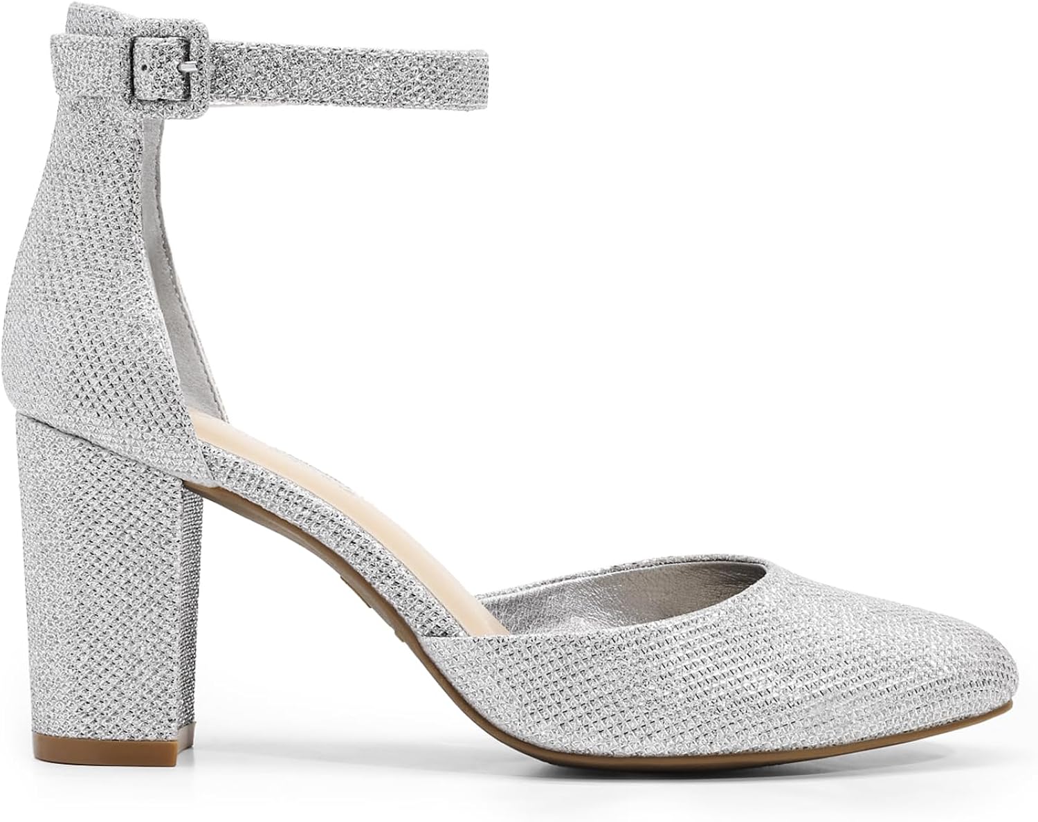 Silver Glitter Faux Leather High Heel Ankle Strap Pumps