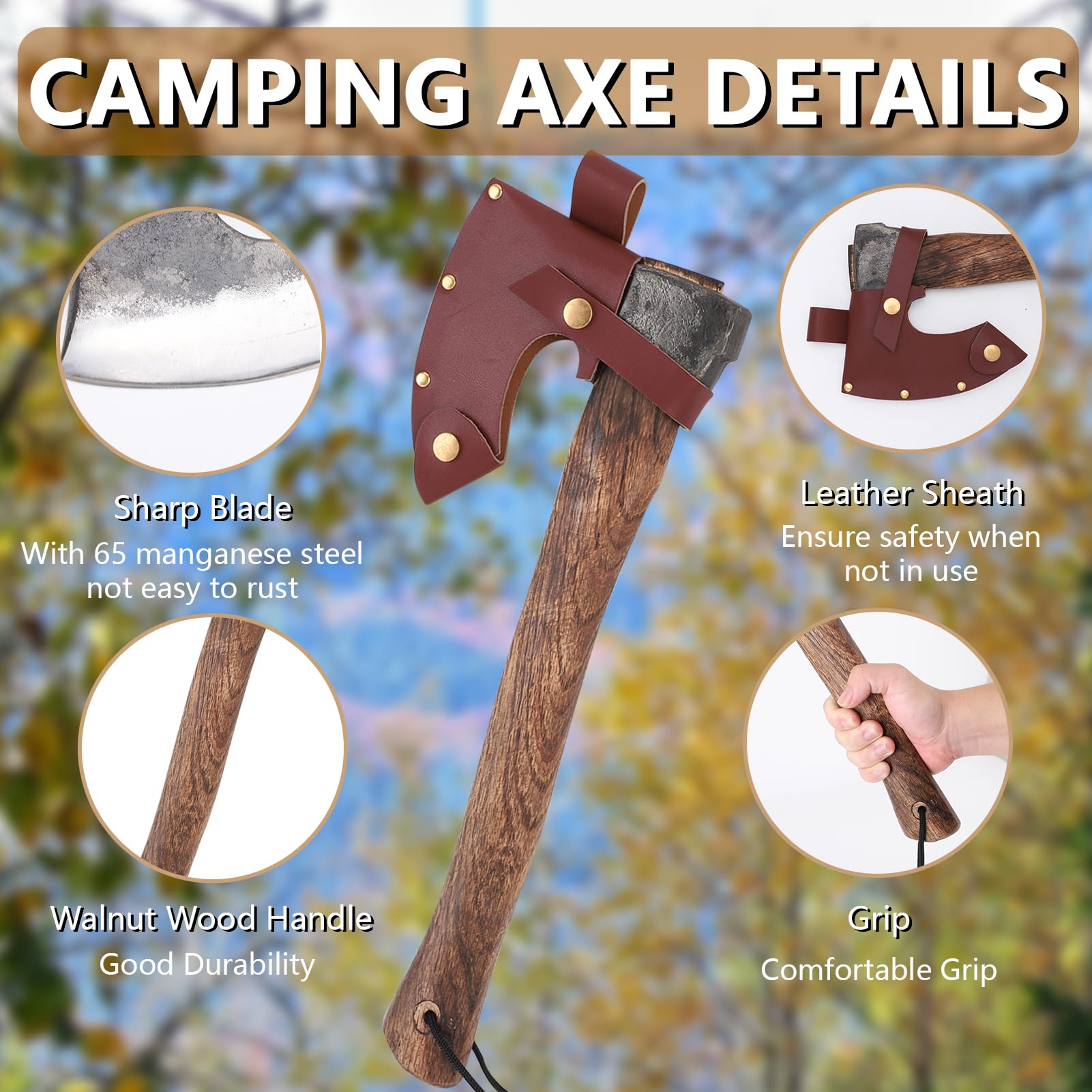 Wikinger-Axt, handgefertigt, Jagd, Camping Hachet, Outdoor-Beil, nordische Camping-Überlebensaxt,Bushcraft Beil für Outdoor-Abenteuer 1095 Kohlenstoffstahl, Palisandergriff, Weihnachtsgeschenkidee