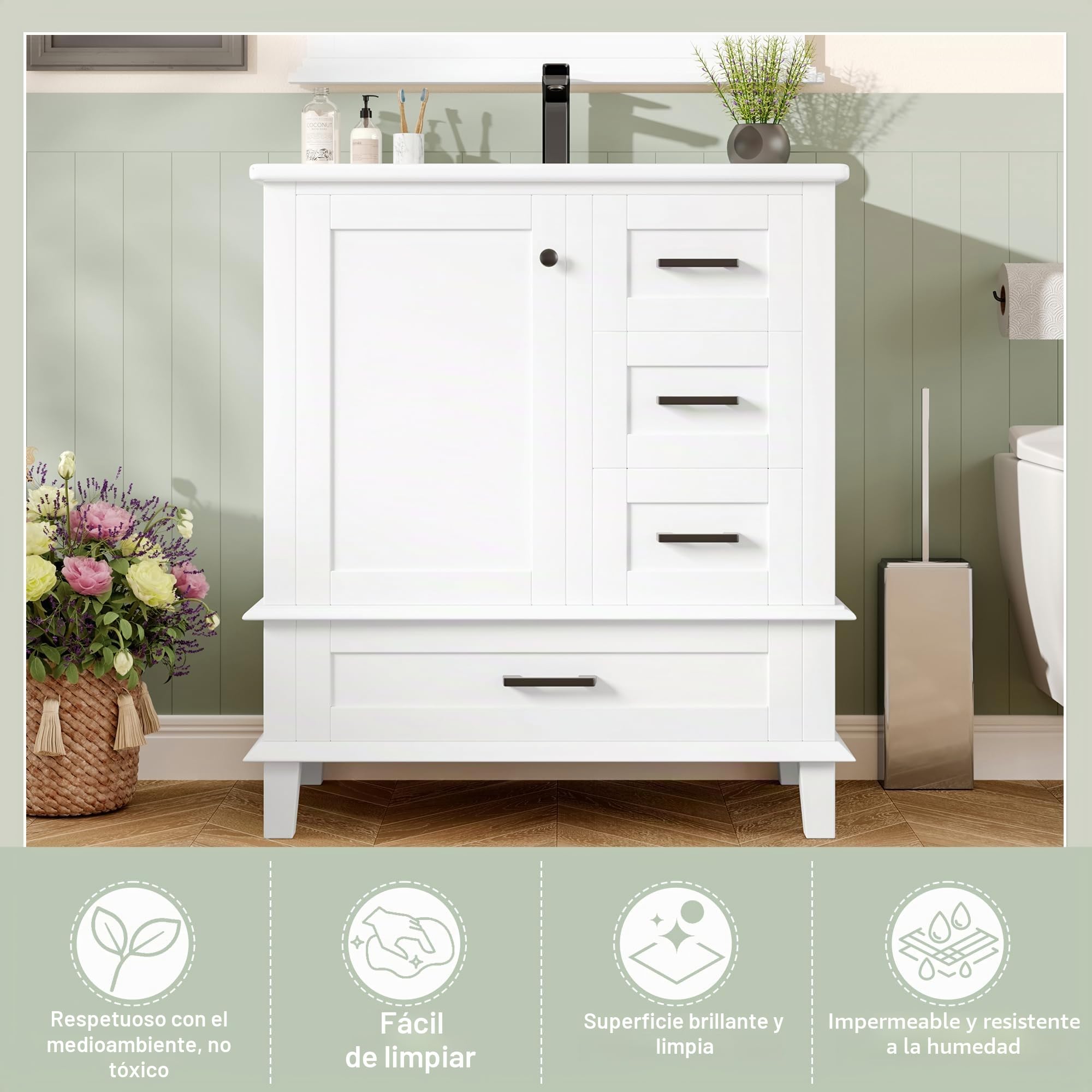 76 x 46 x 83,5 cm. Armario de baño de pie con lavabo, lavabo, lacado completo, estantería para puerta, tres cajones silenciosos, lavabo de cerámica integrado, blanco (blanco)