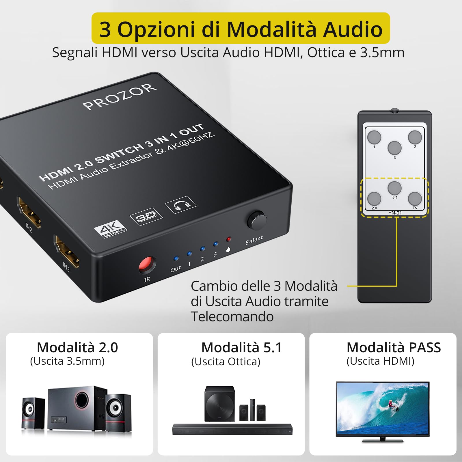 PROZOR HDMI Switch 3 Ingressi 1 Uscita con Estrattore Audio Uscita Analogico Ottico Toslink SPDIF 4K 3D HDMI Convertitore per Blu-ray DVD Player Satellite Box PS3 PS4 Apple TV PC HD Camera DVR