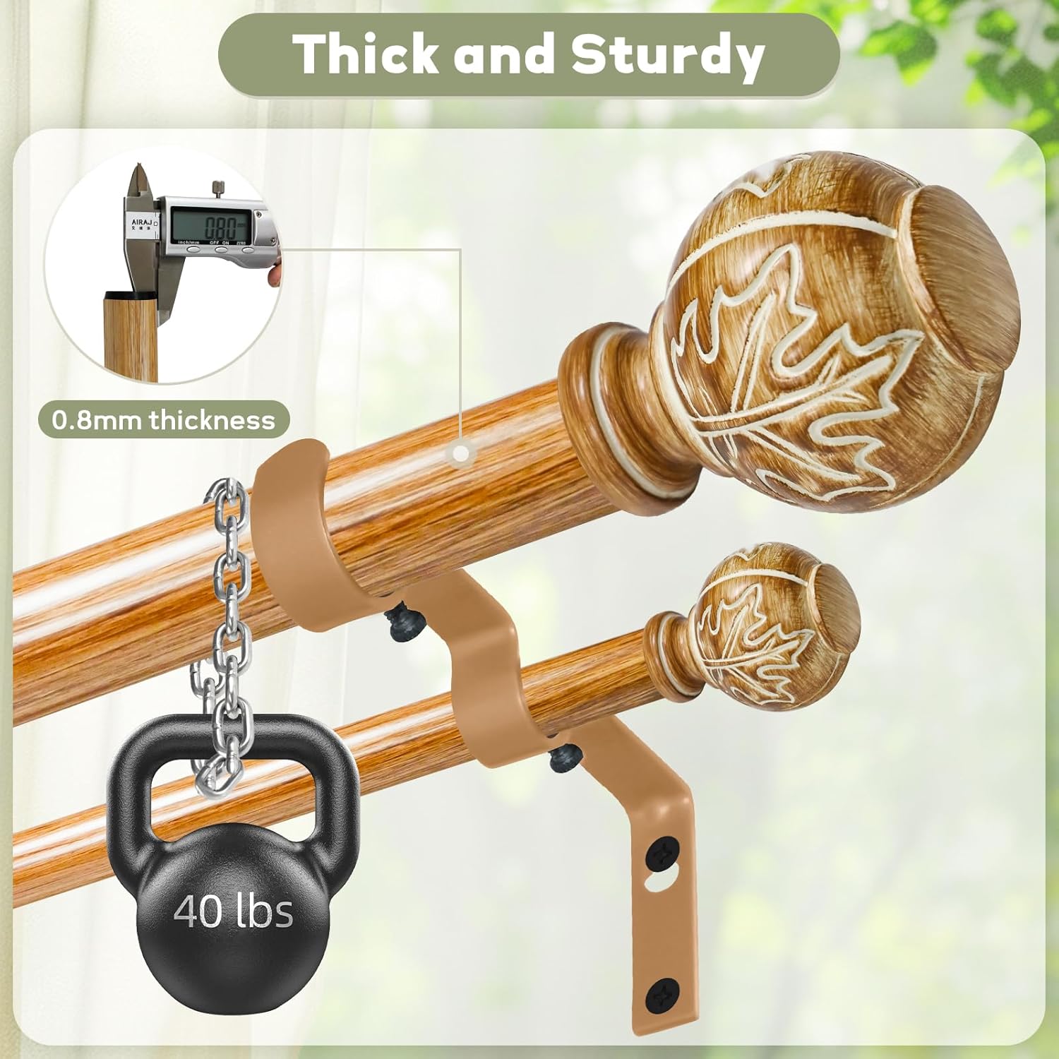 Wood Double Curtain Rod for Windows 28 to 48 Inches – 1 Inch Diameter Heavy Duty Adjustable Decorative Double Curtain Rods with Maple leaf Finials & Sturdy Brackets for Living Room, Bedroom