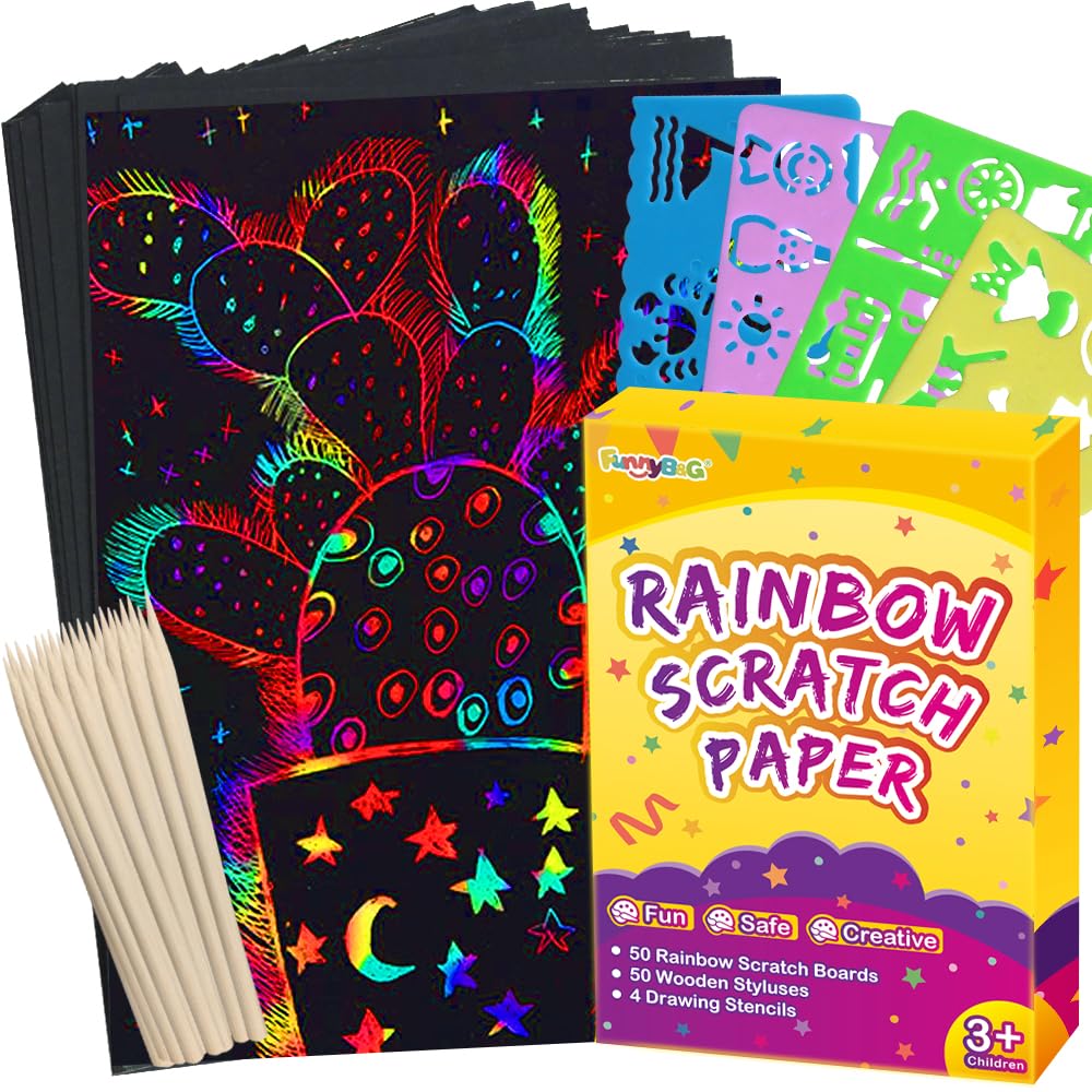 FUNNYB G - Papel para rascar arcoíris para niños, 100 piezas, arcoíris mágico, juego de papel para rascar, manualidades de Pascua, suministros de arte, hojas para juegos de fiesta, Halloween, Navidad, regalos de cumpleaños