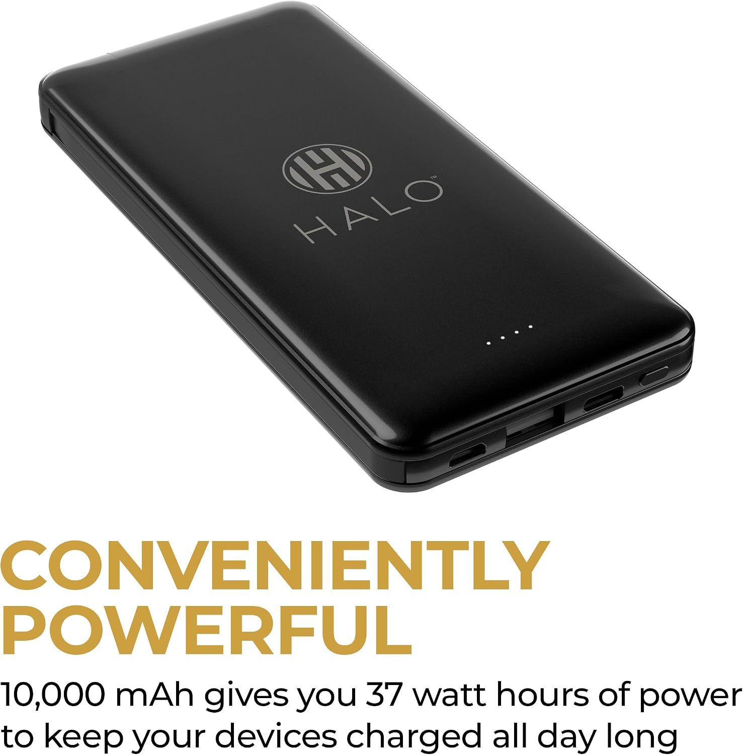 Close-up of the HALO Power Bank showing the integrated Micro-USB cable with the Lightning adapter detached.
