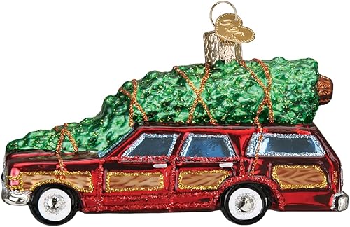 Old World Christmas Station Wagon with Tree Glass Blown Ornament for Christmas Tree, Handcrafted Holiday Decoration, Transportation Collection