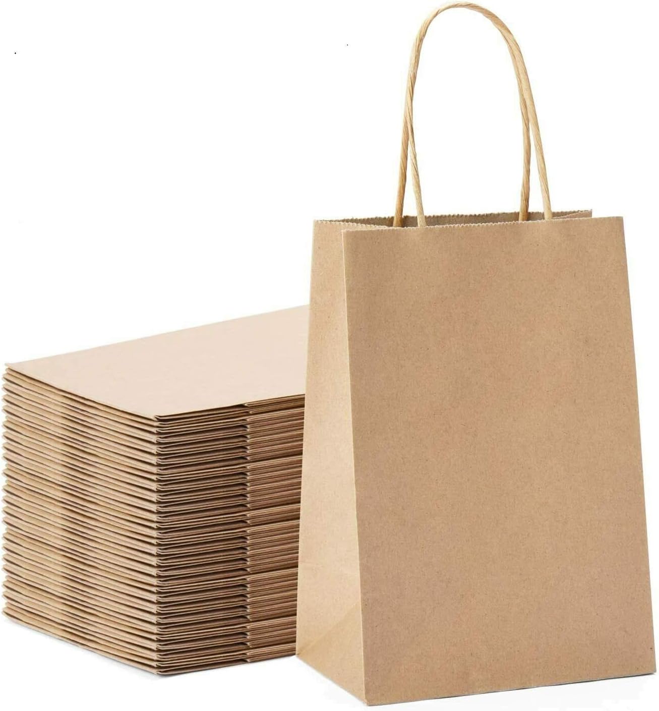 FLAIRYLAND Brown Paper Bags with Handles and Square Bottom, 100 pcs 5.25"x3.25"x8" Kraft Paper Bags for Shopping, Retail, Party, Merchandise Bag