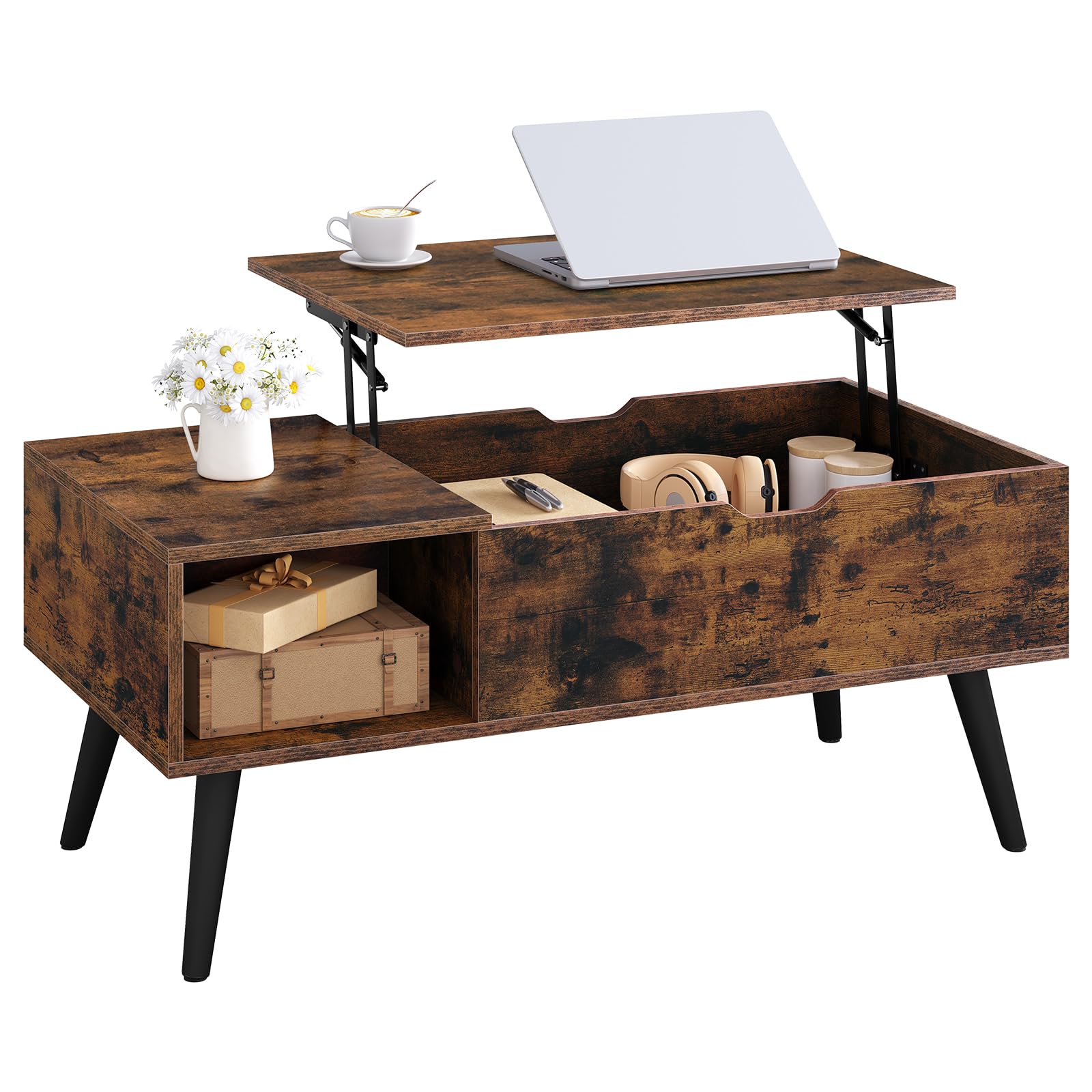 WOLTU Couchtisch höhenverstellbar, Wohnzimmertisch mit Stauraum, Kaffeetisch Beistelltisch Sofatisch, 100x(43-57) x50 cm, rustikales Braun, BTS26vbn