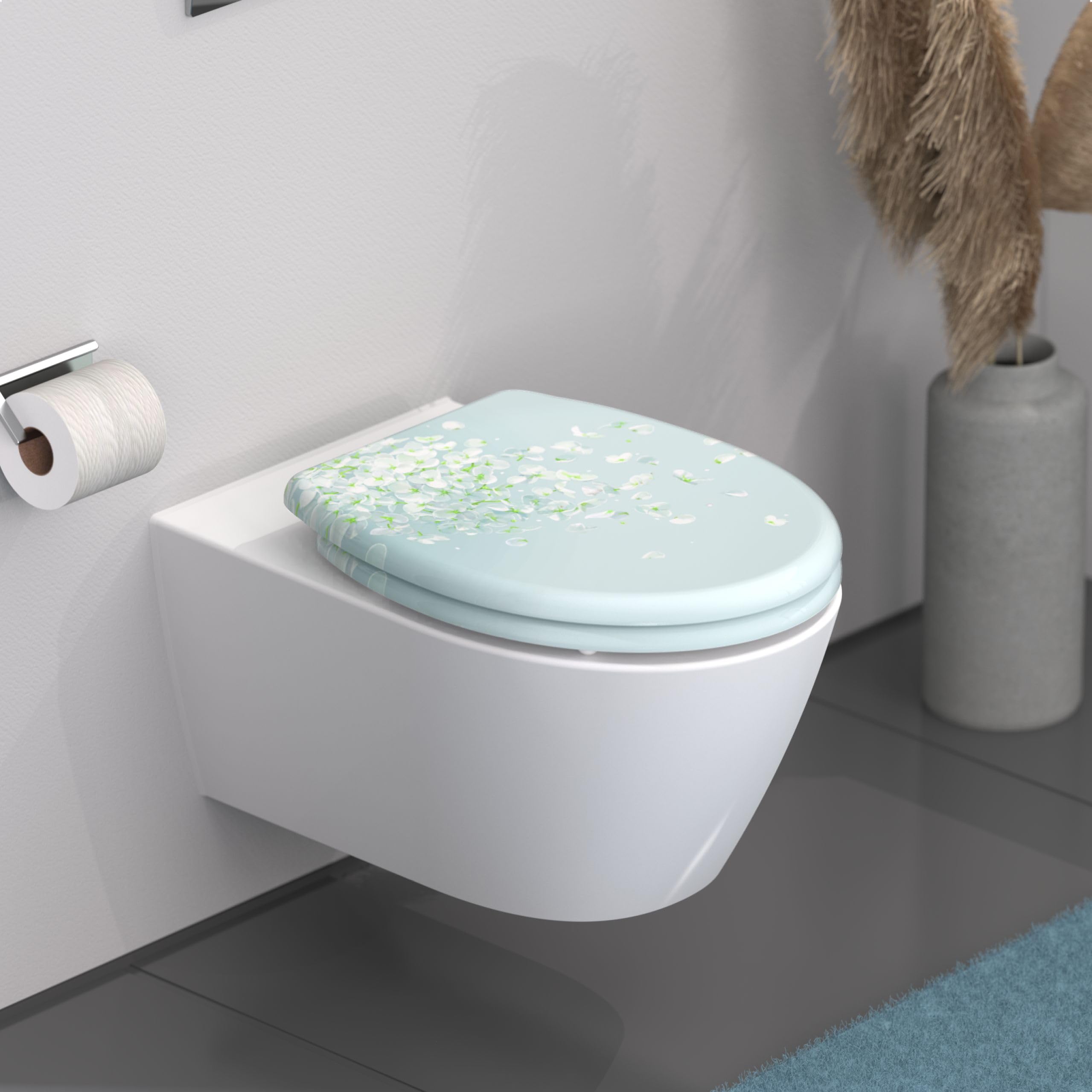 Schütte Abattant WC avec Frein de Chute Déclipsable - Flower in the Wind | Duroplast résistant aux rayures, lunette WC frein de chute silencieux, compatible cuvette WC suspendue et sur pieds