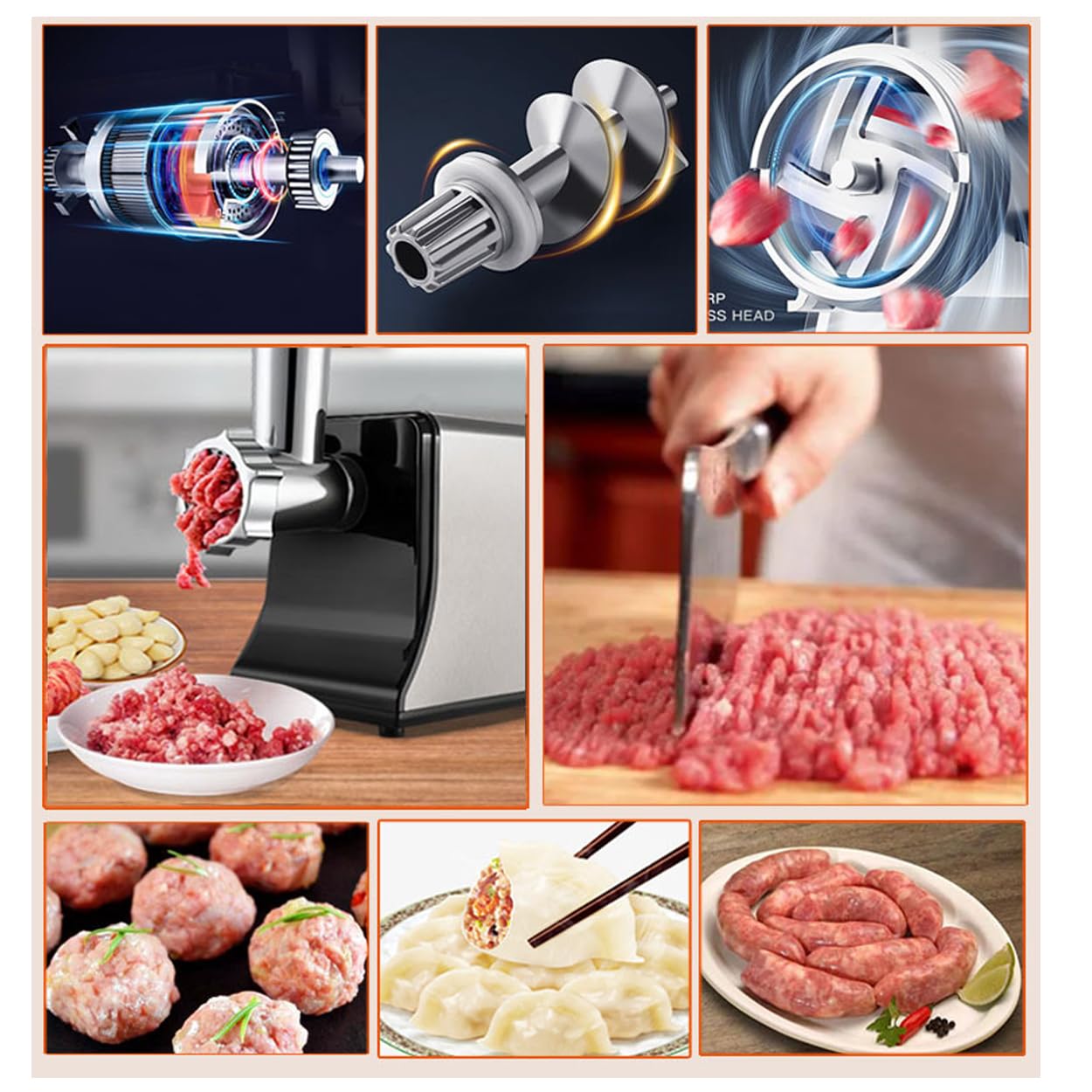 TYH Picadora de Carne Eléctrica, Picadora de Carne Eléctrica Compacta para Uso Doméstico, con 3 Platos, Cuchilla, Embutidora de Salchichas, Máquina Picadora con Boquilla para Salchichas y Accesorio