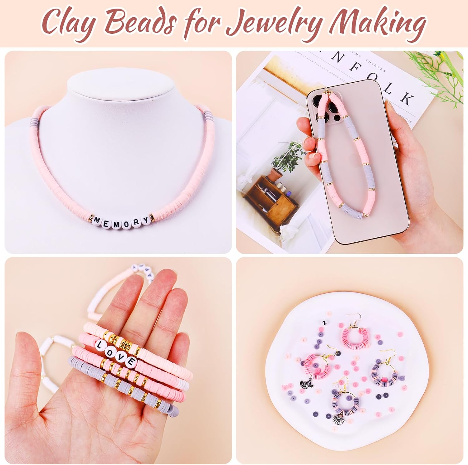 Wuollgess 3500 PCS Pink Gray Clay Beads for Bracelet Making Kit, Polymer Heishi Beads for Jewelry Making, Friendship Bracelet Kit for Adults, Spacer Letter Beads for Necklace Earring DIY - Image 4