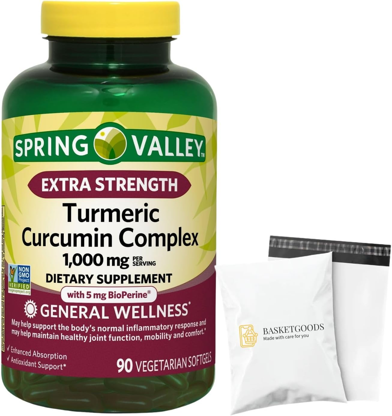 Spring Valley Turmeric Curcumin 1000 mg- Complex Extra Strength 90 softgels (Pack of 1), Set by Basket Goods