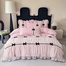 Ruffle Beddding Set with Bowtie,Chic Lace Bedding,Girls Twin Aesthetic Comforter Cover Set,Romantic French Princess Style Ruffled Duvet Cover with Lovely Bow with Zipper Closure
