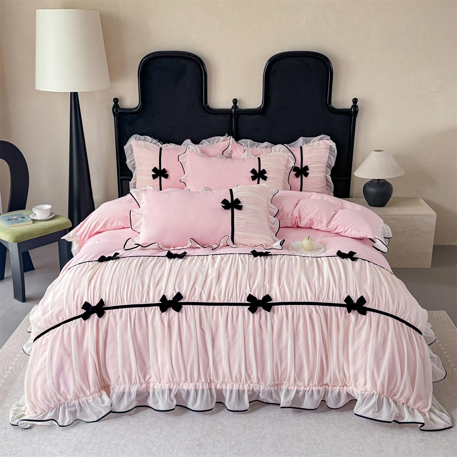 Ruffle Beddding Set with Bowtie,Girls Lace Bedding,Full Comforter Cover Set, Chic Ruffled Duvet Cover with Lovely Bow,Princess Style 1 Duvet Cover with 2 Pillowcases, No Comforter