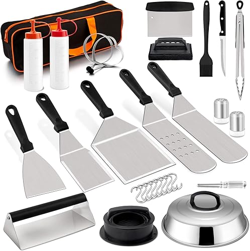 HaSteeL - Juego de 20 accesorios para parrilla, juego de herramientas Teppanyaki de acero inoxidable para interiores y exteriores, barbacoa,