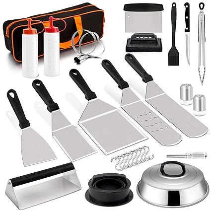 20Pcs Griddle Accessories Kit, HaSteeL Stainless Steel Flat Top Teppanyaki Tools Set for Indoor Outdoor BBQ Camping Cooking, Include Melting Dome, Bacon Press, Metal Spatulas, Scrapers, Easy to Clean