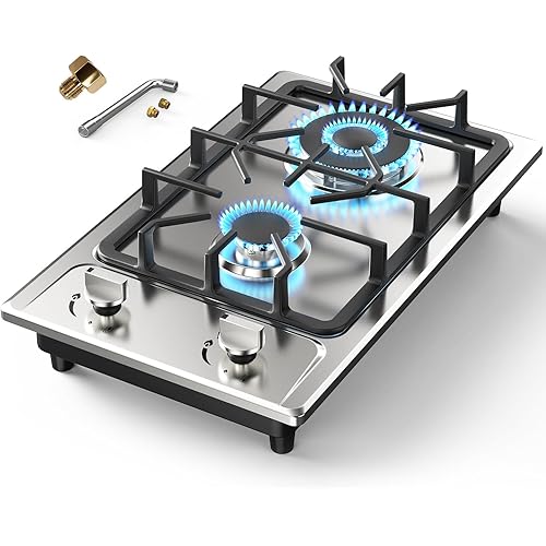 Gas Stove 2 Burner, Propane Cooktop 12 inch, Nafewin Portable Gas Cooktop Stainless Steel Stove Burner with Thermocouple Protection, Lpg/Ng Dual Fuel Built-in Hob for Apartments, Outdoor, Rvs