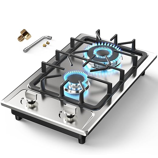 Gas Stove 2 Burner, Propane Cooktop 12 inch, Nafewin Portable Gas Cooktop Stainless Steel Stove Burner with Thermocouple Protection, Lpg/Ng Dual Fuel Built-in Hob for Apartments, Outdoor, Rvs