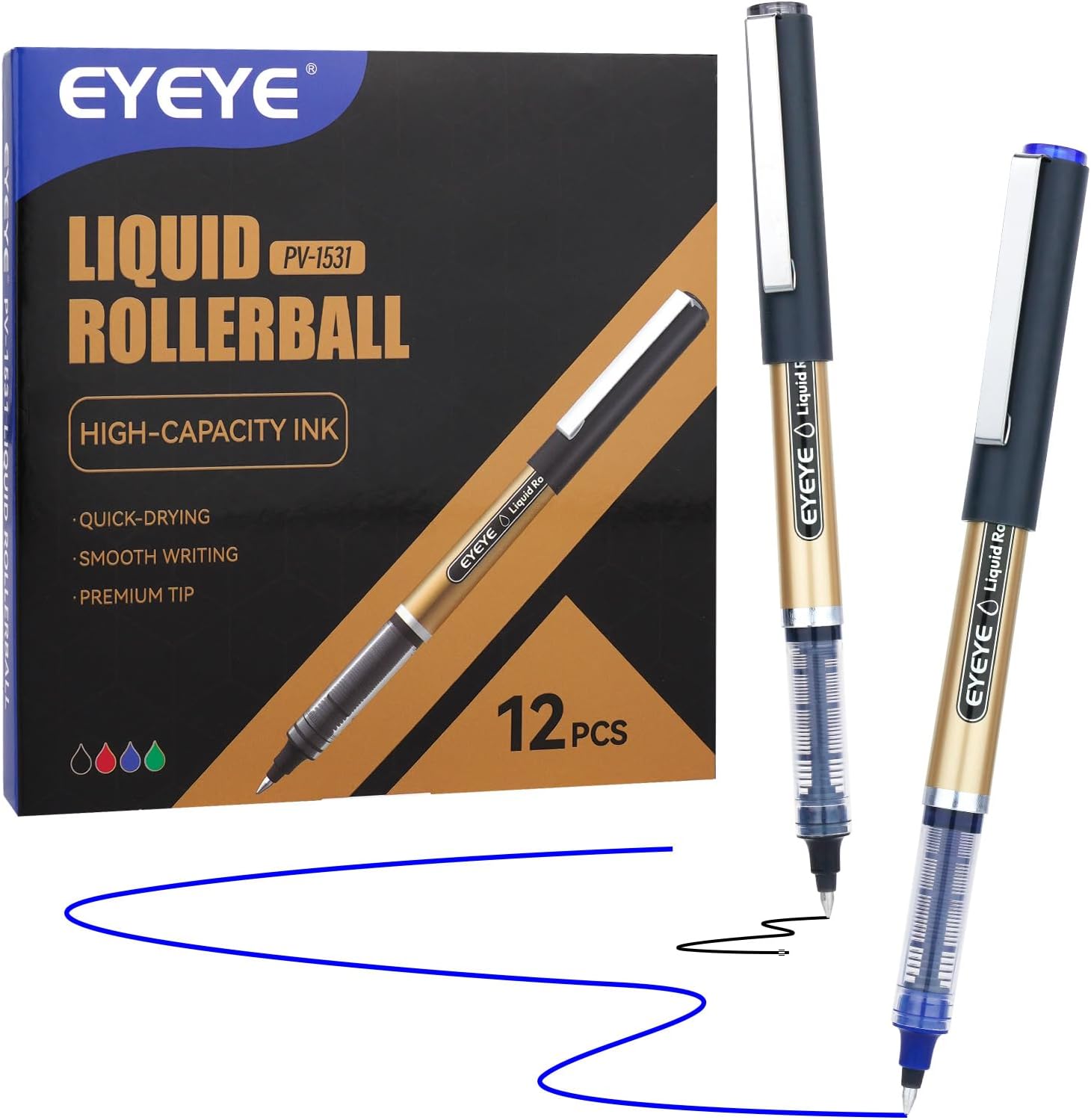 EYEYE Rollerball Pens 6 Black 6 Blue 0.7mm Medium Point, Quick Dry Liquid Ink Smooth Writing Pens for Journaling, Office, School, Note Taking Supplies