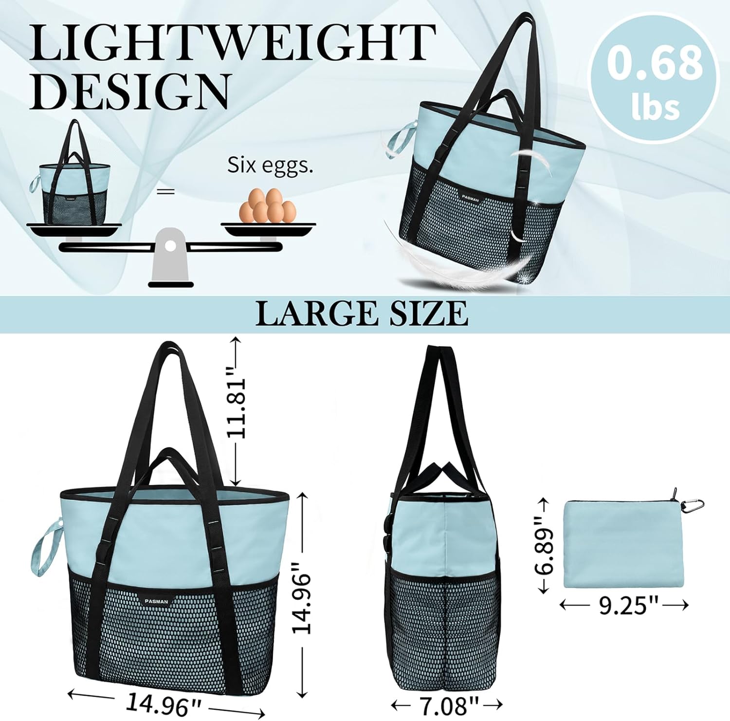 Large Beach Bag with Zipper-8 Pockets Sandproof Beach Tote Bag for Women,Foldable Lightweight Family Swim Bag Vacation - Image 6