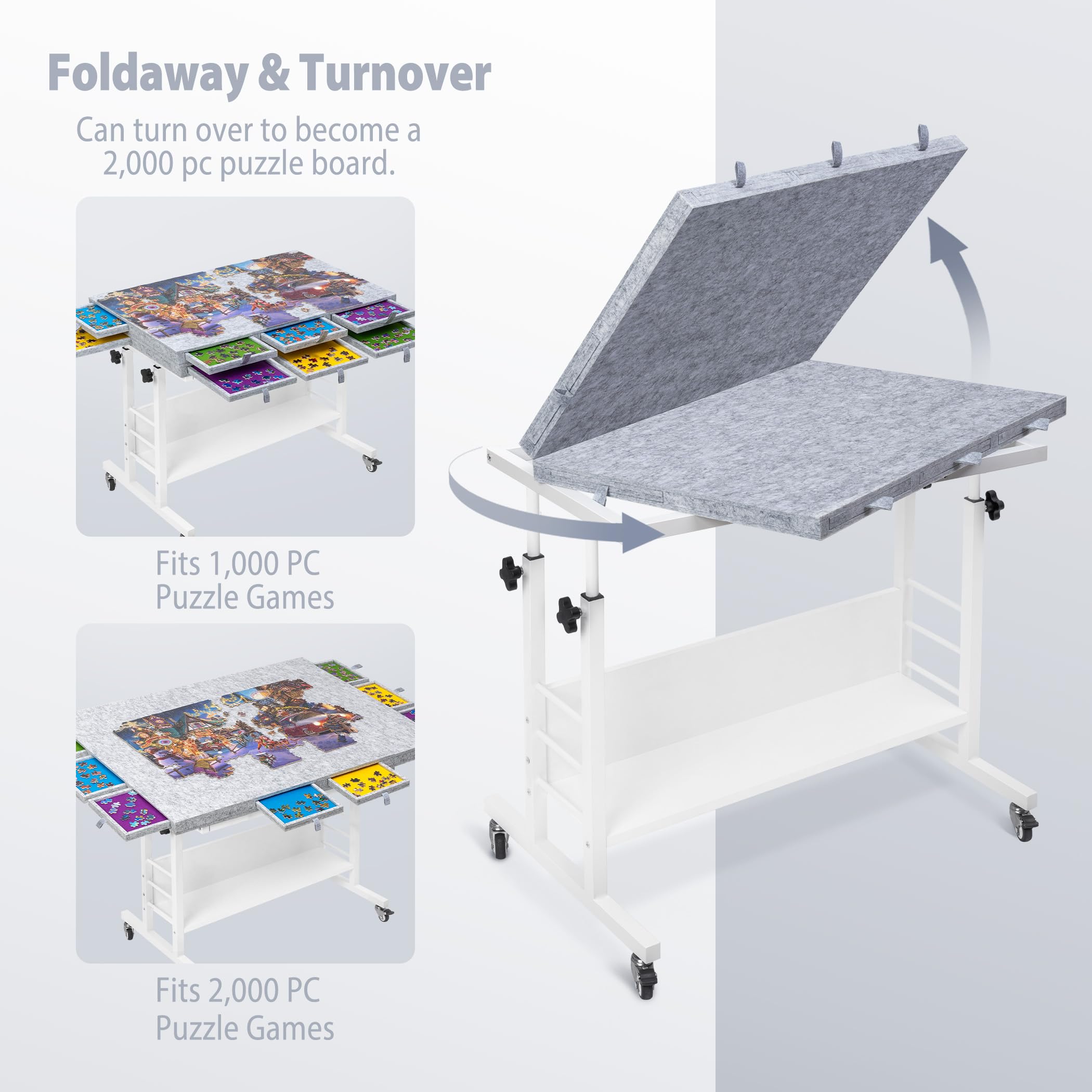 Tektalk Rompecabezas de Fieltro Plegable de 2000 Piezas con Ajuste de Altura, Mesa de Rompecabezas con 2 Cubiertas de Fieltro y 8 bandejas de clasificación/cajones, Caballete con Patas, Cerrado con 4